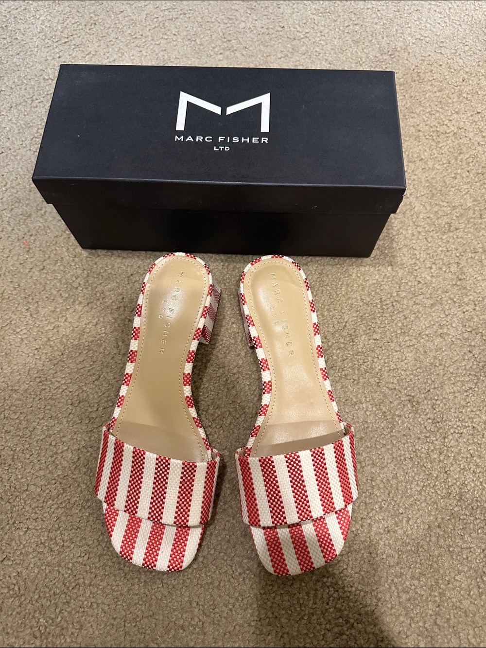 NWOT Marc Fisher Red & White Striped Open-Toe Slide Mules